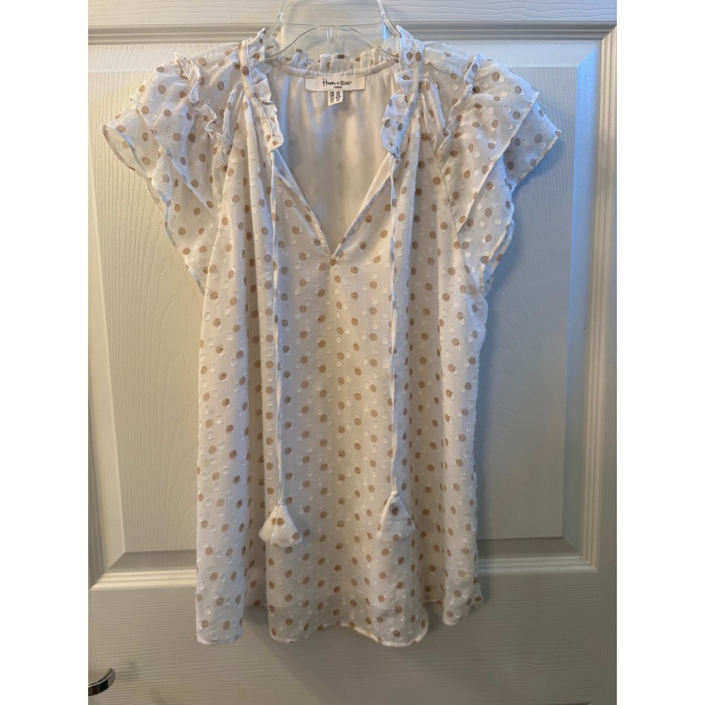 Haver & Blair Polka Dot Chiffon Ruffle Boho Peasant Short Sleeve Blouse Size XS